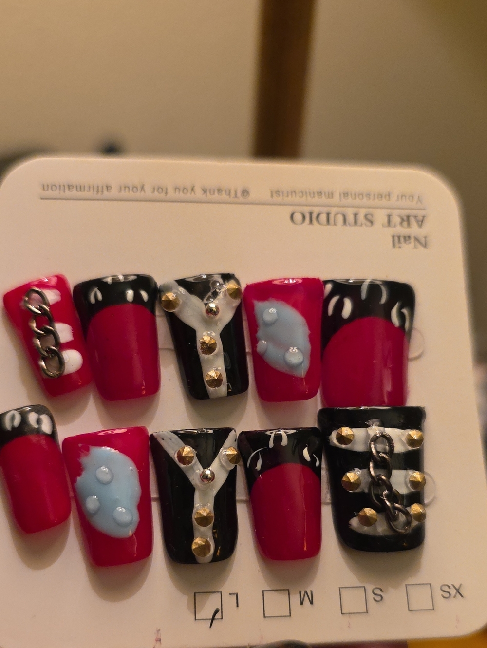 Red and Black Studded False Nail Set Size Large
